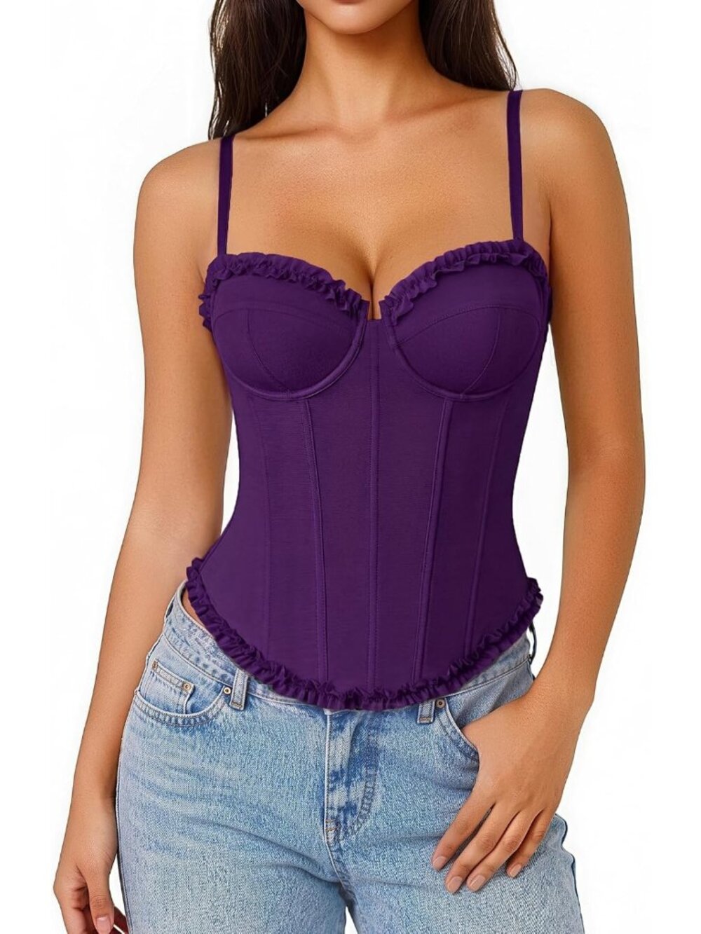 Women's Purple Rows Hooks Adjustable Straps V Neck Bustier Underwire Corset Top